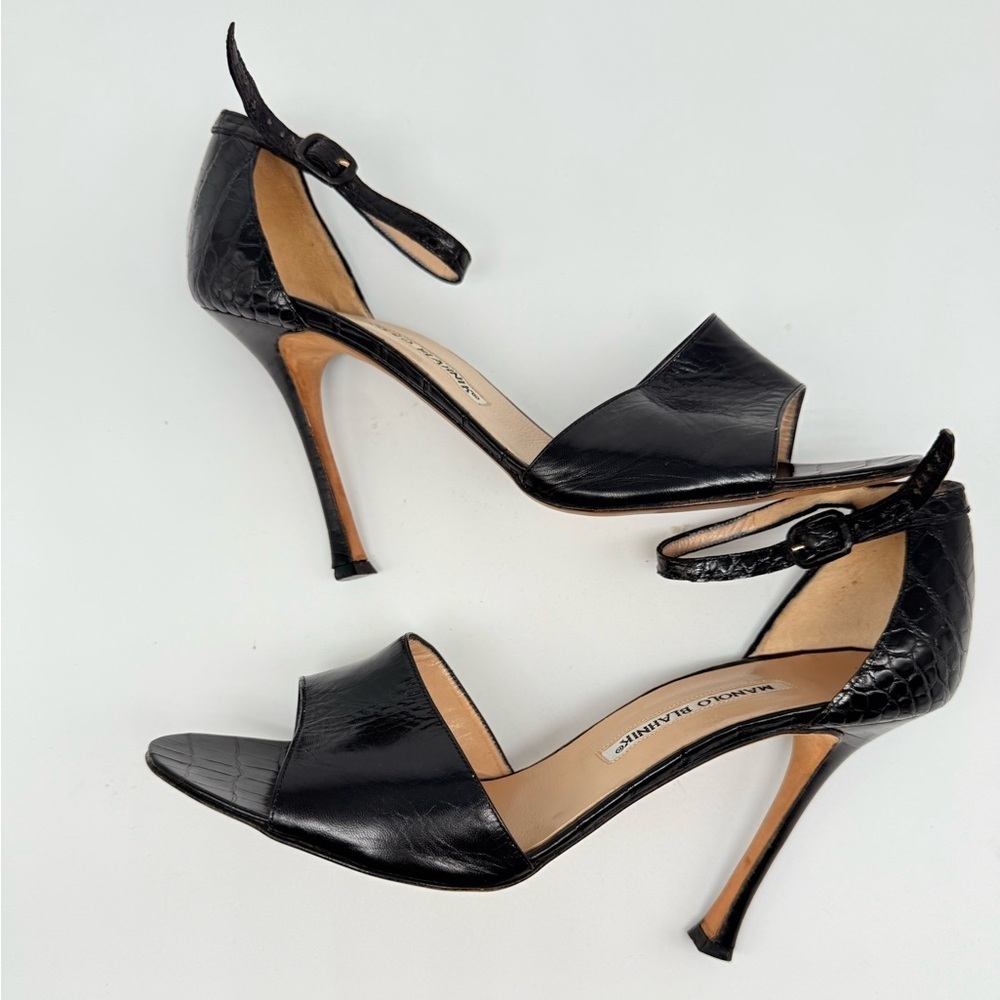 Manolo Blahnik Black Crocodile embossed leather strappy high heel sandals EU 39 - Picture 5 of 7